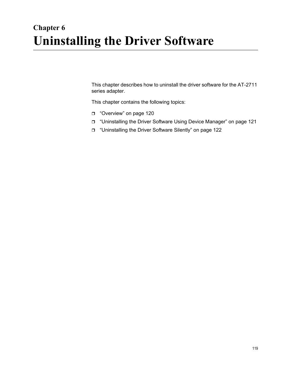Chapter 6, Uninstalling the driver software | Allied Telesis AT-2711 Series Adapters User Manual | Page 119 / 136