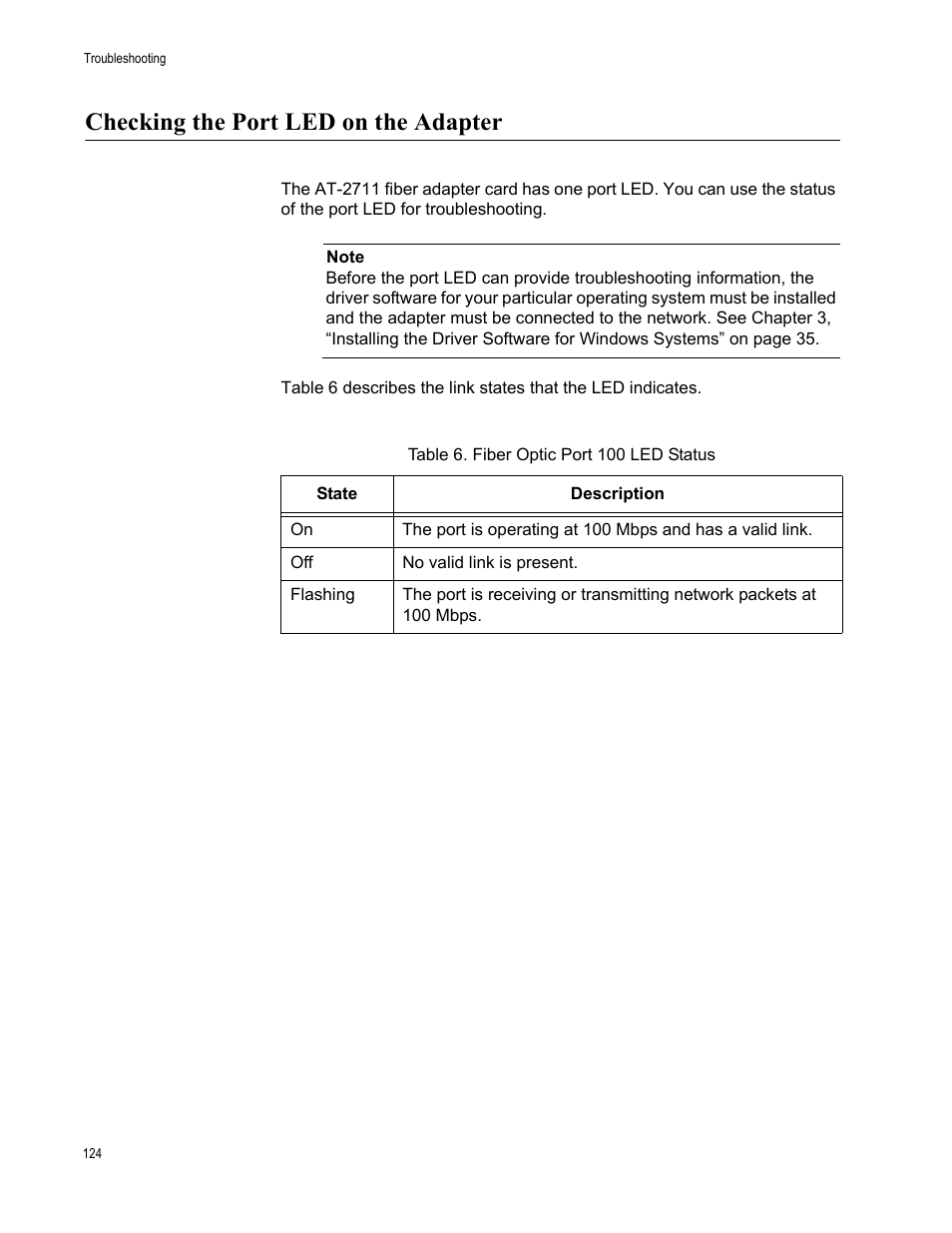 Checking the port led on the adapter | Allied Telesis AT-2711 Series Adapters User Manual | Page 124 / 136