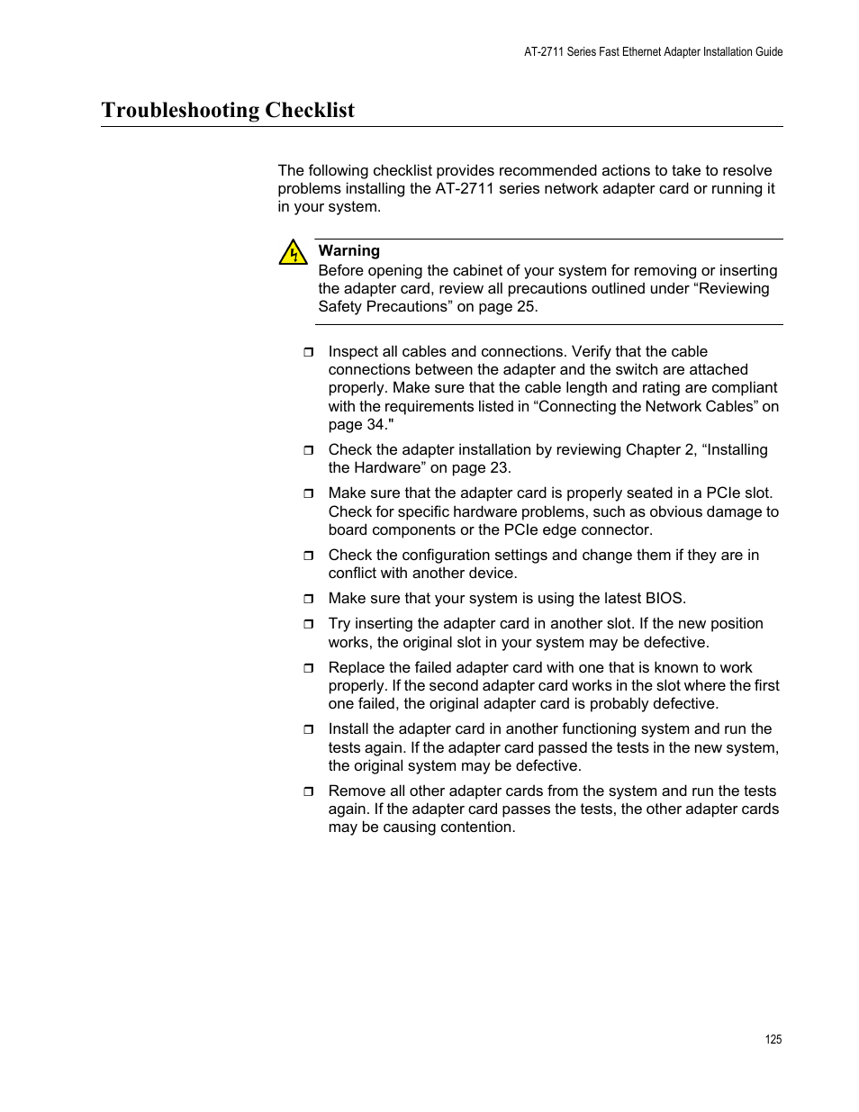 Troubleshooting checklist | Allied Telesis AT-2711 Series Adapters User Manual | Page 125 / 136