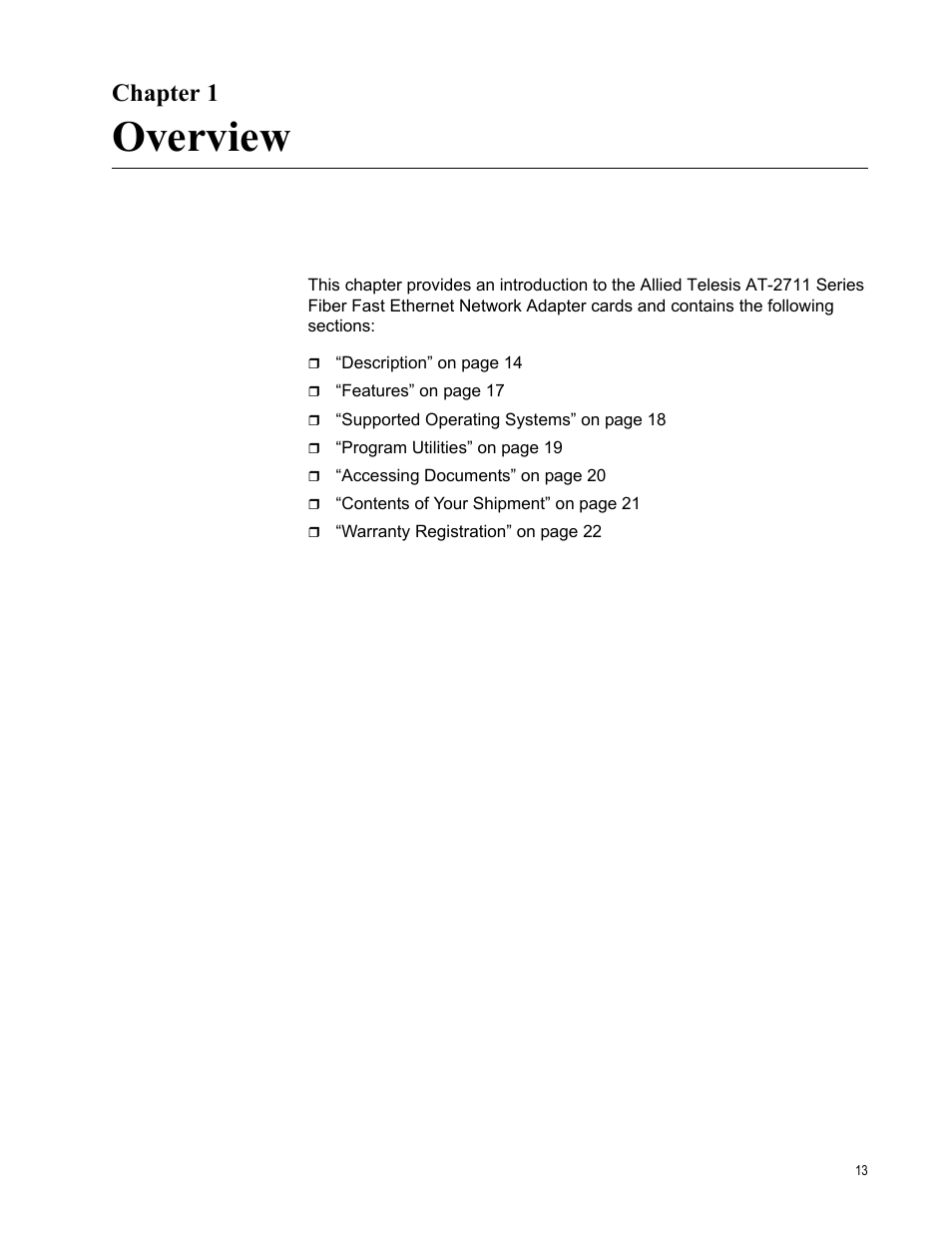 Chapter 1, Overview | Allied Telesis AT-2711 Series Adapters User Manual | Page 13 / 136