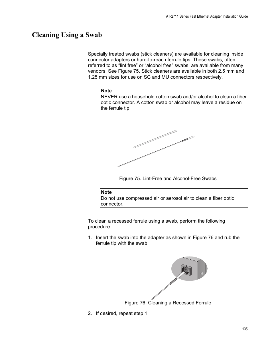 Cleaning using a swab | Allied Telesis AT-2711 Series Adapters User Manual | Page 135 / 136