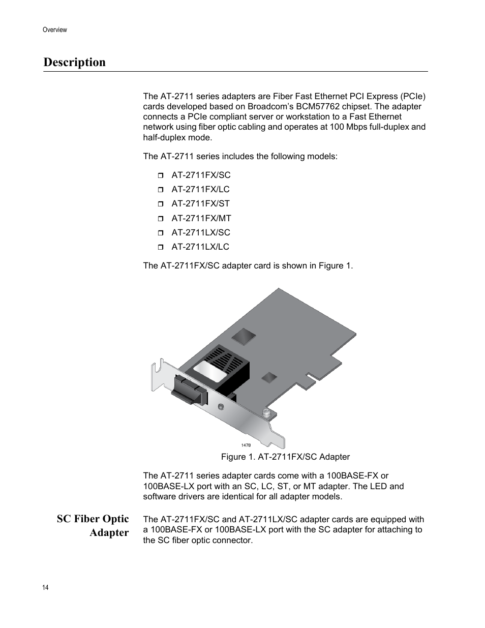 Description, Sc fiber optic adapter | Allied Telesis AT-2711 Series Adapters User Manual | Page 14 / 136