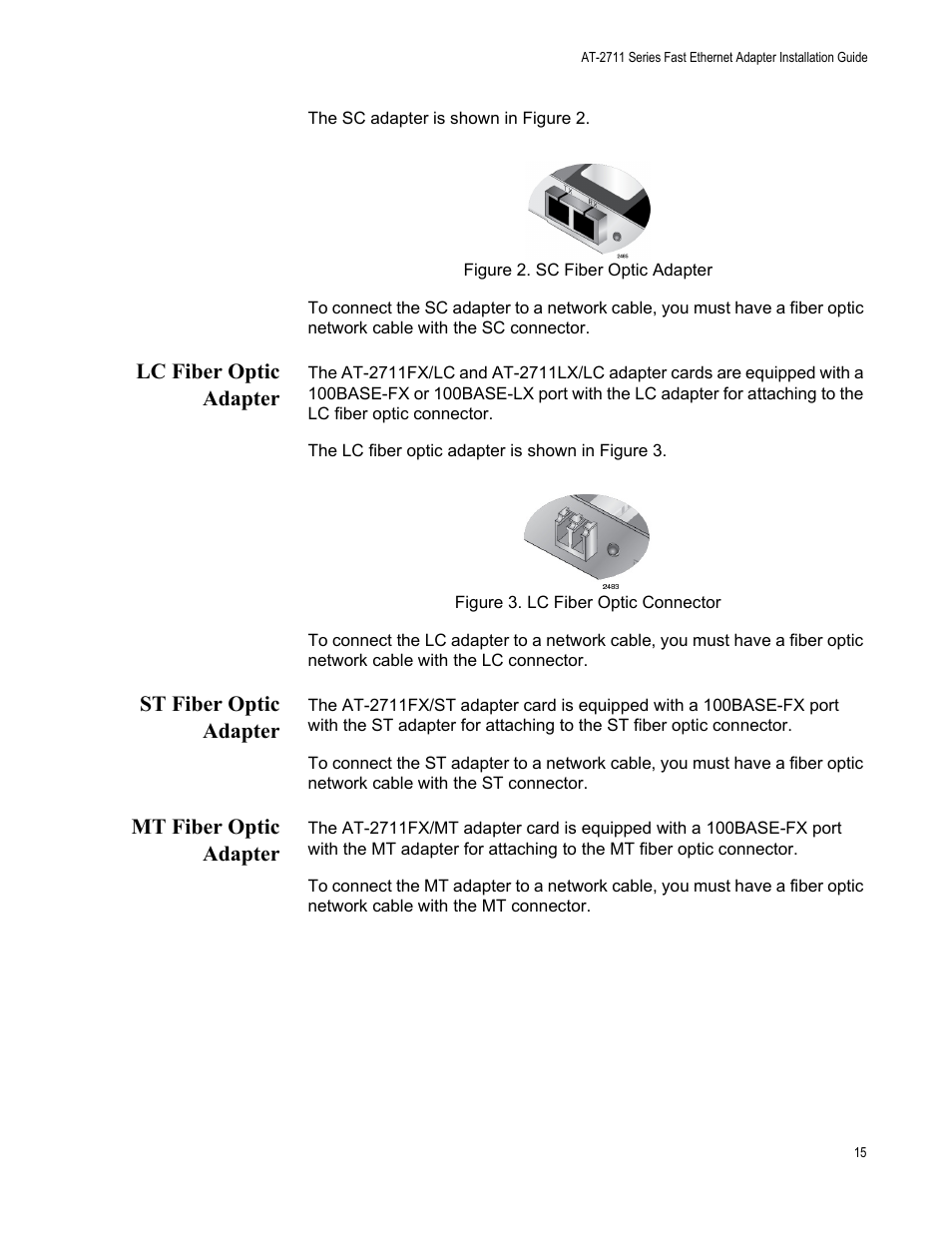 Lc fiber optic adapter, St fiber optic adapter, Mt fiber optic adapter | Allied Telesis AT-2711 Series Adapters User Manual | Page 15 / 136