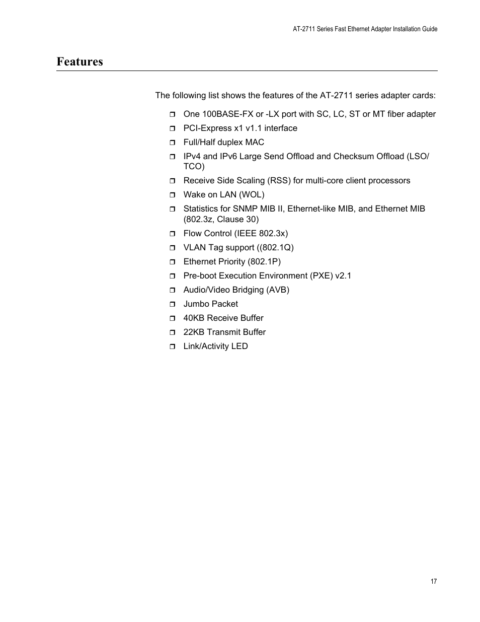 Features | Allied Telesis AT-2711 Series Adapters User Manual | Page 17 / 136