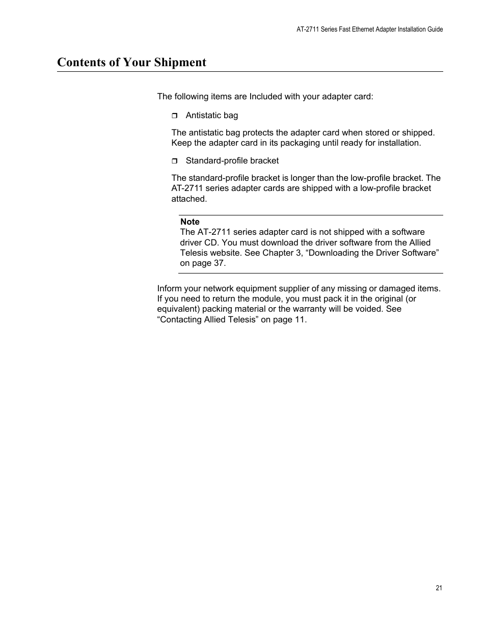 Contents of your shipment | Allied Telesis AT-2711 Series Adapters User Manual | Page 21 / 136