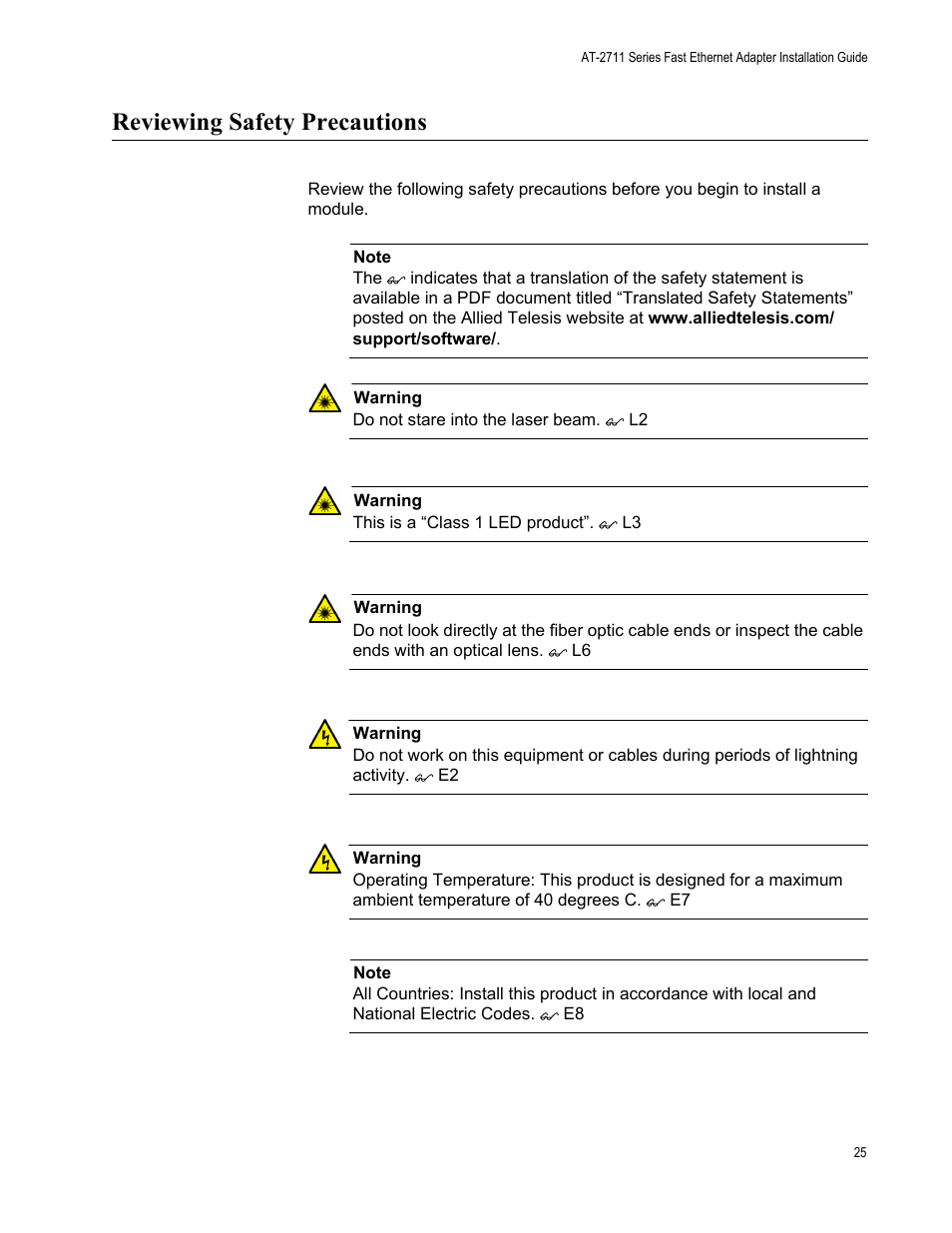 Reviewing safety precautions | Allied Telesis AT-2711 Series Adapters User Manual | Page 25 / 136