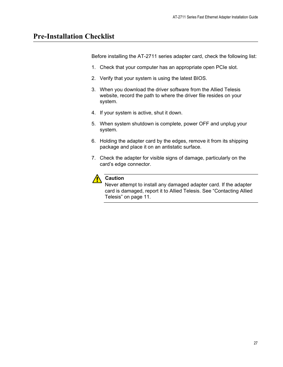 Pre-installation checklist | Allied Telesis AT-2711 Series Adapters User Manual | Page 27 / 136