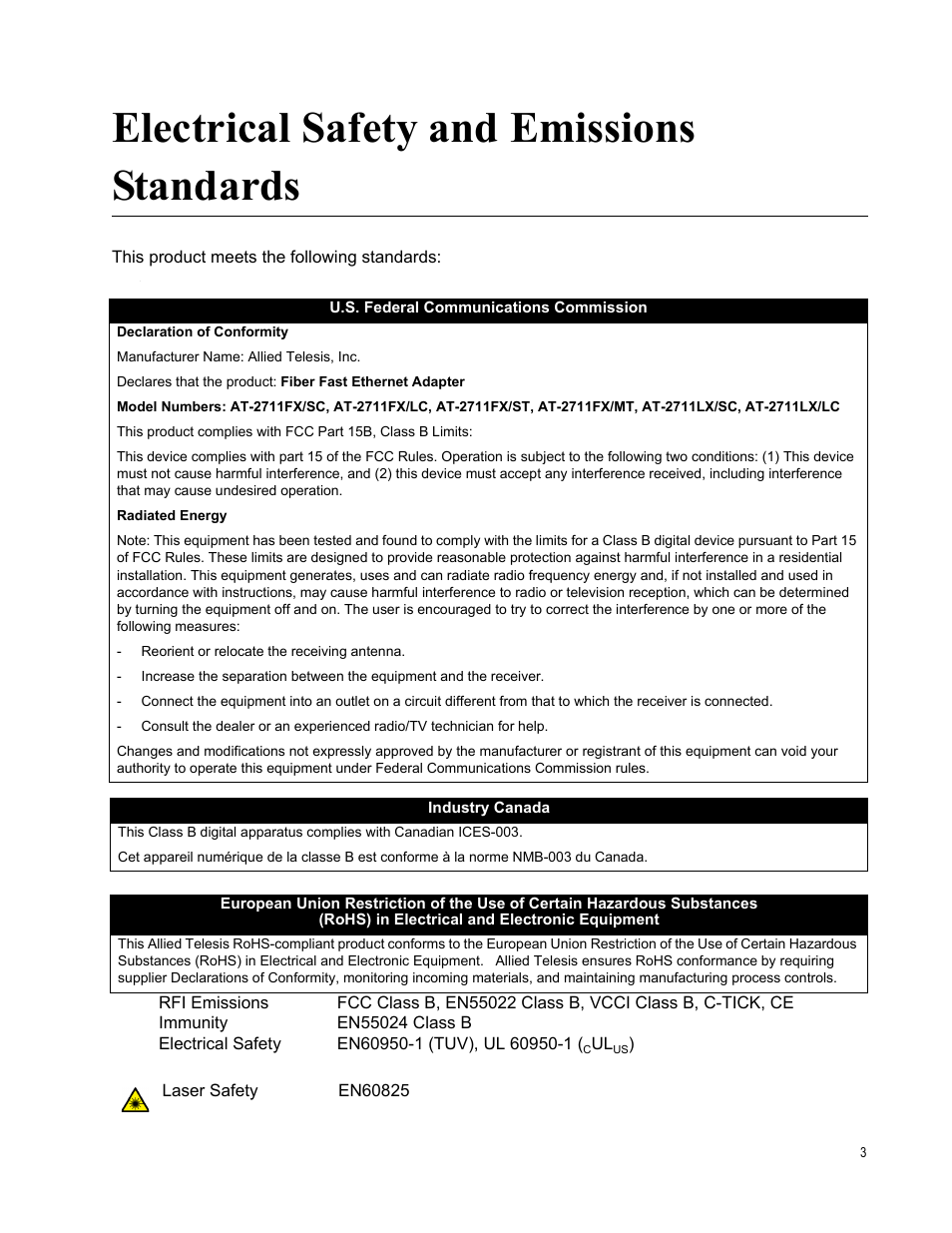 Electrical safety and emissions standards | Allied Telesis AT-2711 Series Adapters User Manual | Page 3 / 136