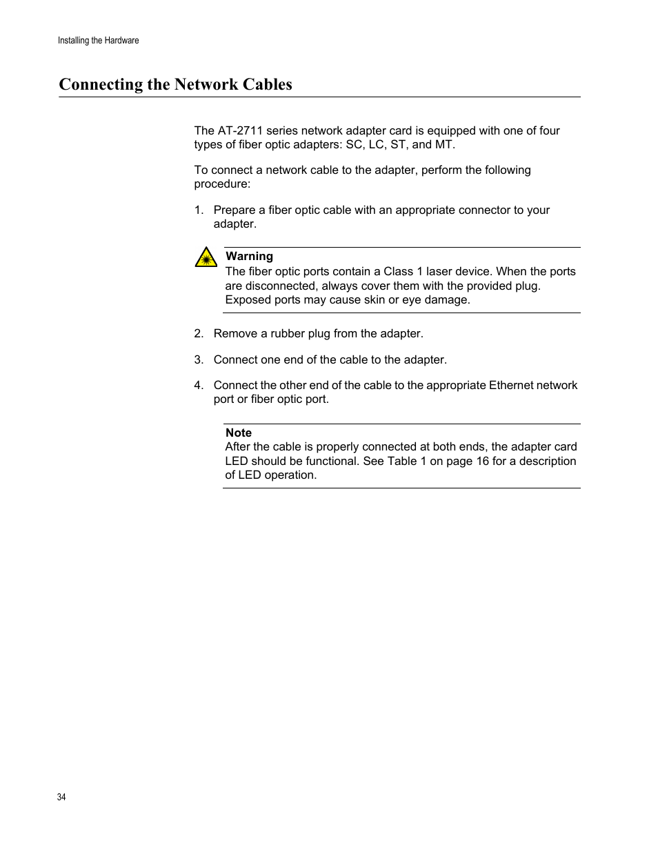 Connecting the network cables | Allied Telesis AT-2711 Series Adapters User Manual | Page 34 / 136