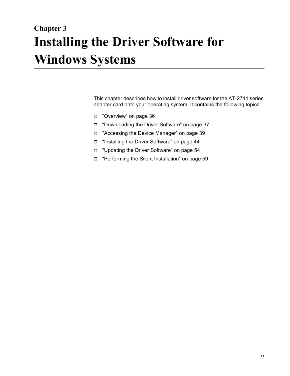 Chapter 3, Installing the driver software for windows systems | Allied Telesis AT-2711 Series Adapters User Manual | Page 35 / 136