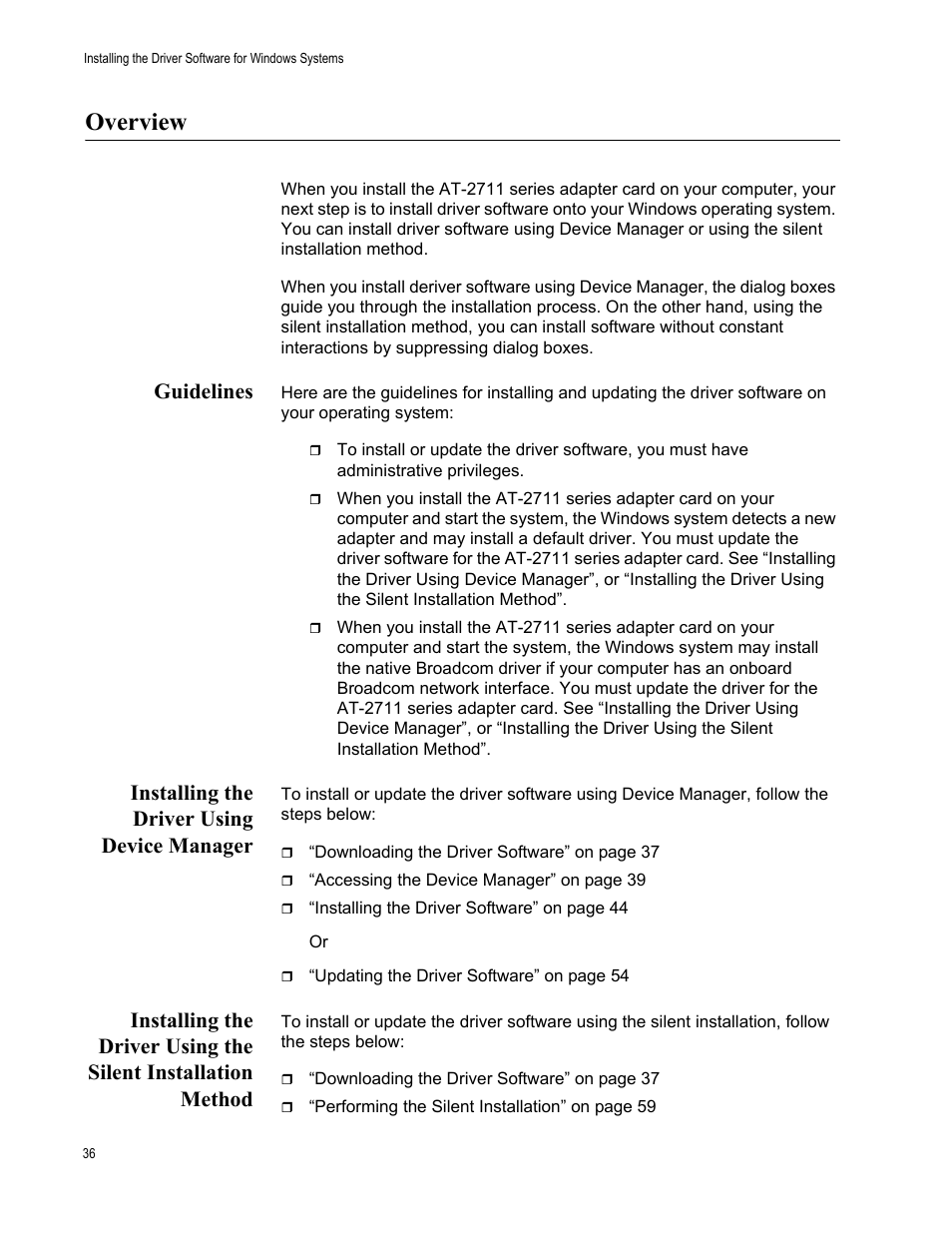 Overview, Guidelines, Installing the driver using device manager | Allied Telesis AT-2711 Series Adapters User Manual | Page 36 / 136