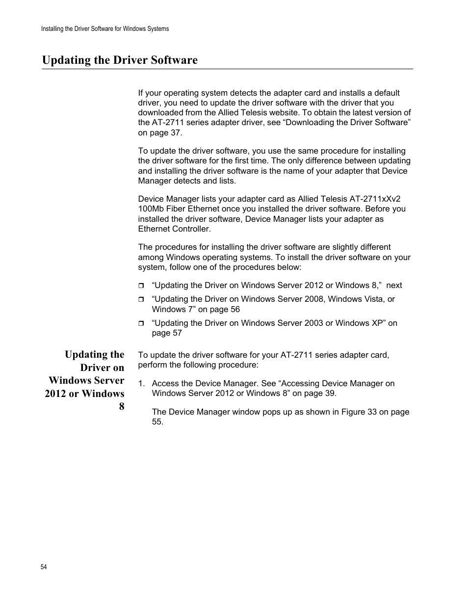 Updating the driver software | Allied Telesis AT-2711 Series Adapters User Manual | Page 54 / 136