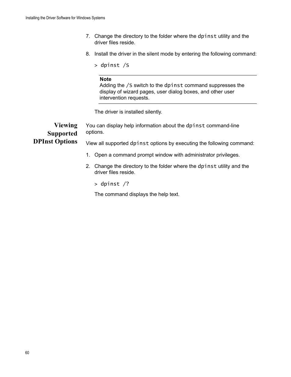 Viewing supported dpinst options | Allied Telesis AT-2711 Series Adapters User Manual | Page 60 / 136