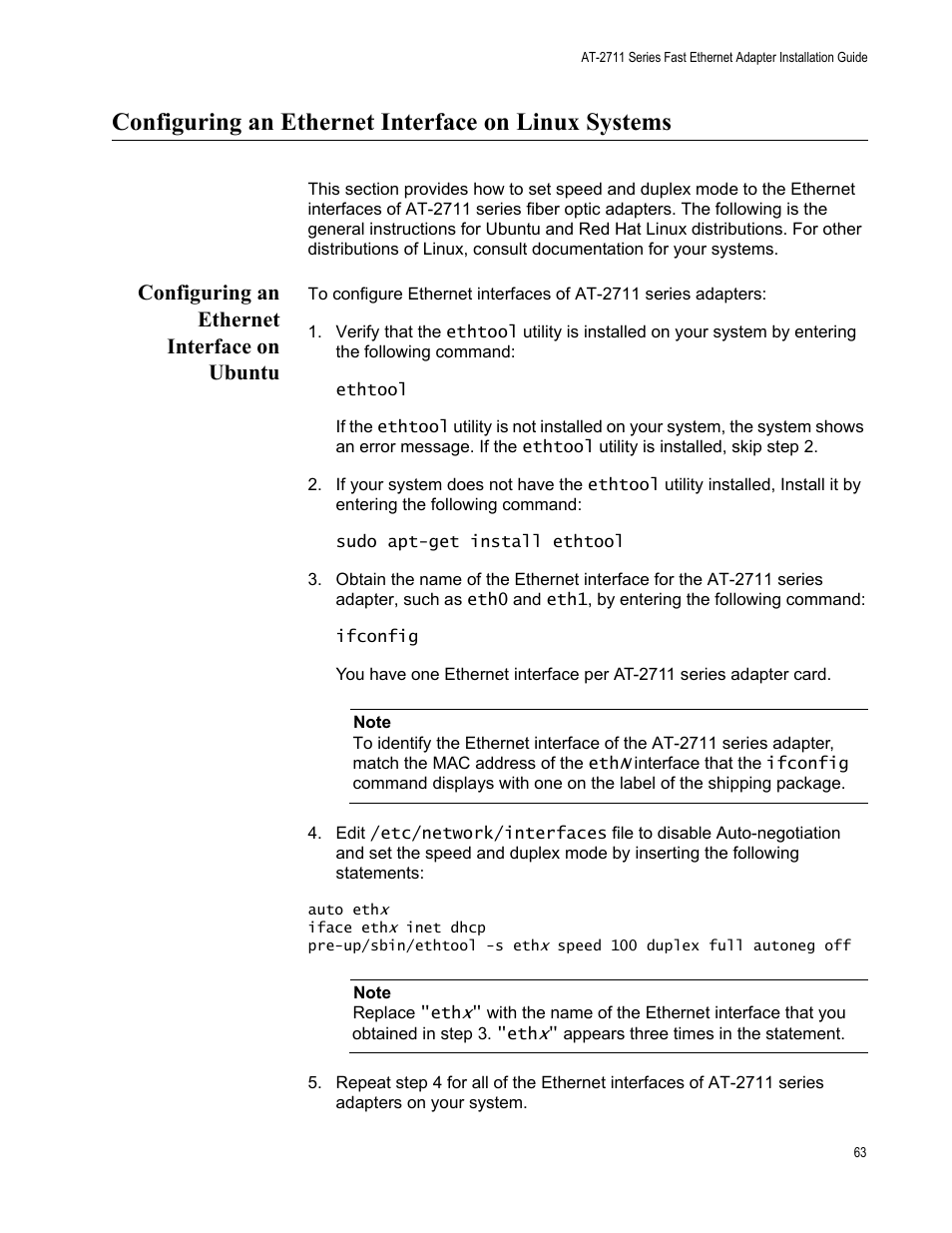 Configuring an ethernet interface on linux systems, Configuring an ethernet interface on ubuntu | Allied Telesis AT-2711 Series Adapters User Manual | Page 63 / 136