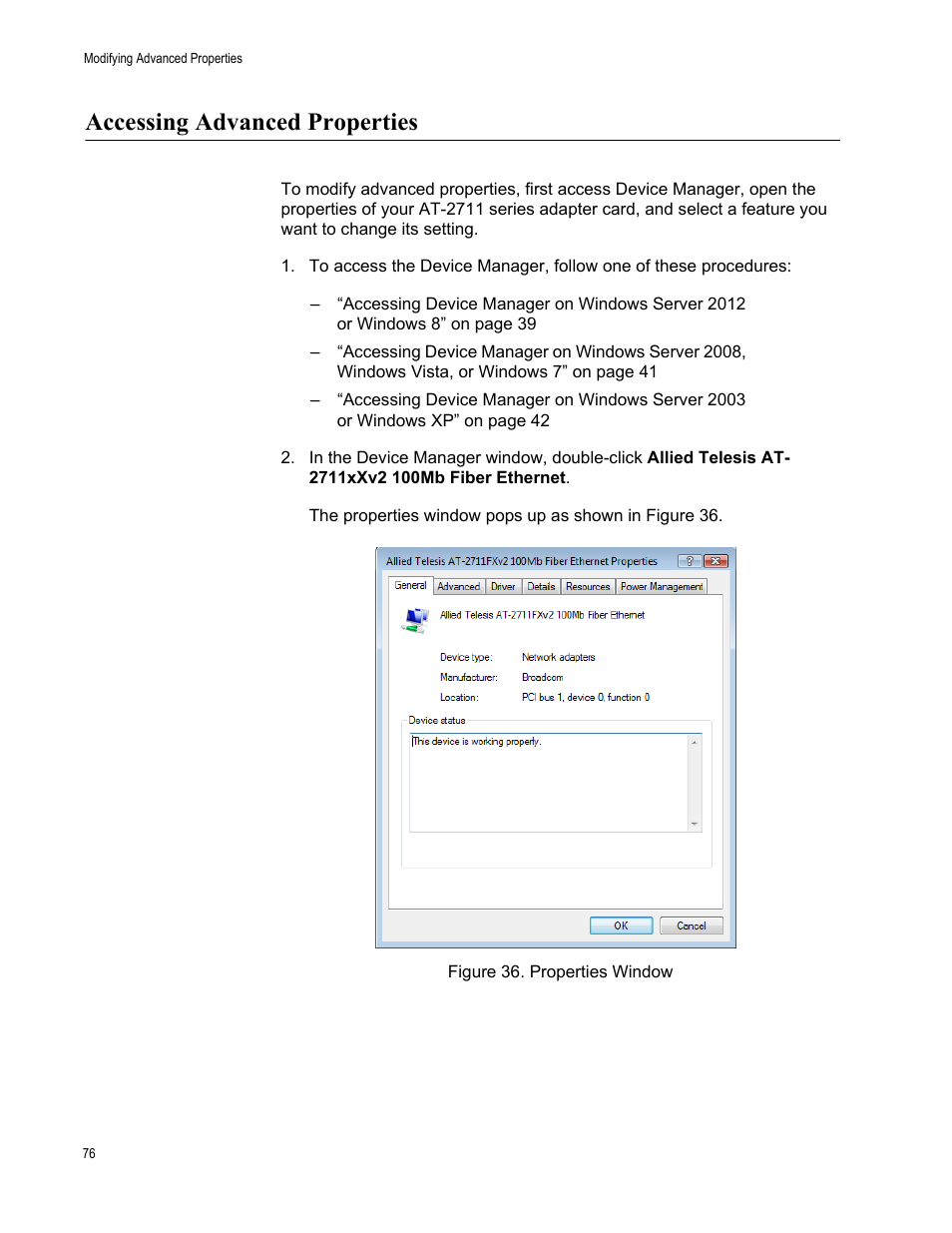 Accessing advanced properties | Allied Telesis AT-2711 Series Adapters User Manual | Page 76 / 136