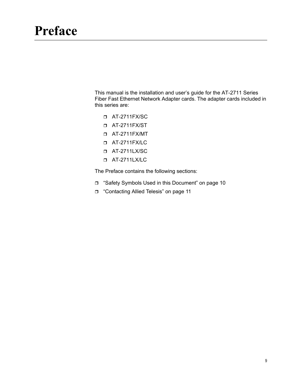 Preface | Allied Telesis AT-2711 Series Adapters User Manual | Page 9 / 136
