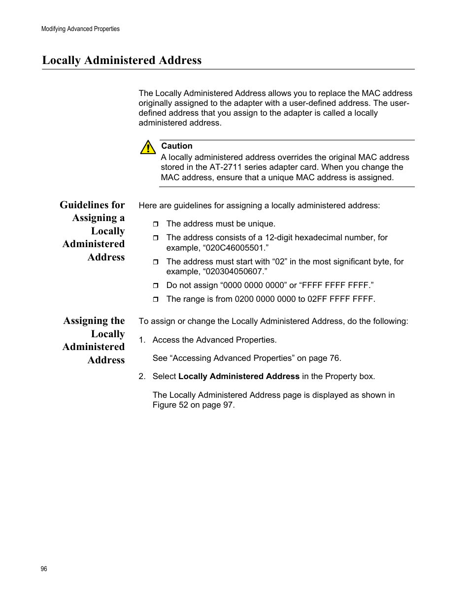 Locally administered address, Assigning the locally administered address | Allied Telesis AT-2711 Series Adapters User Manual | Page 96 / 136