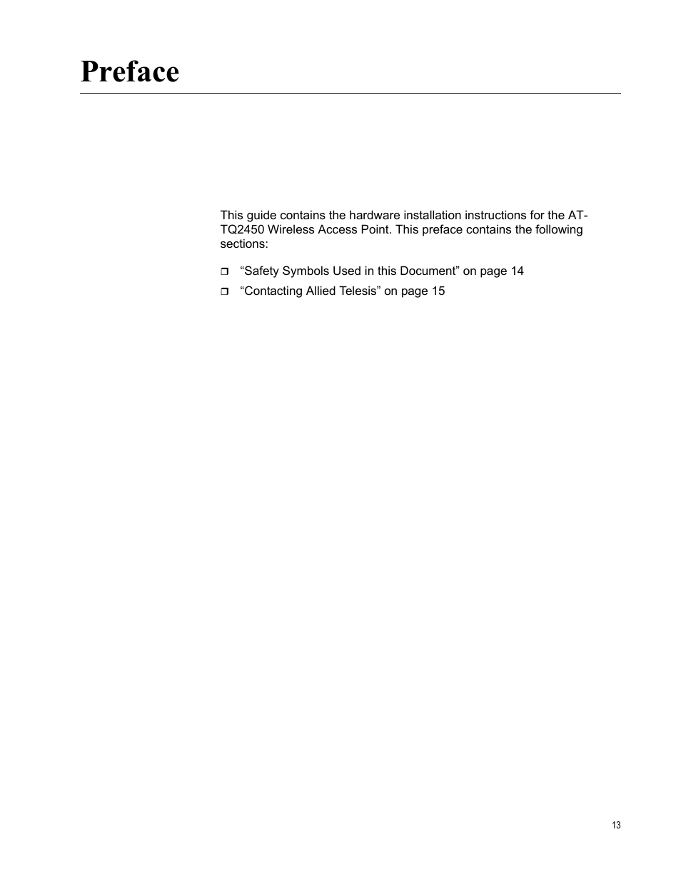 Preface | Allied Telesis AT-TQ2450 User Manual | Page 13 / 70