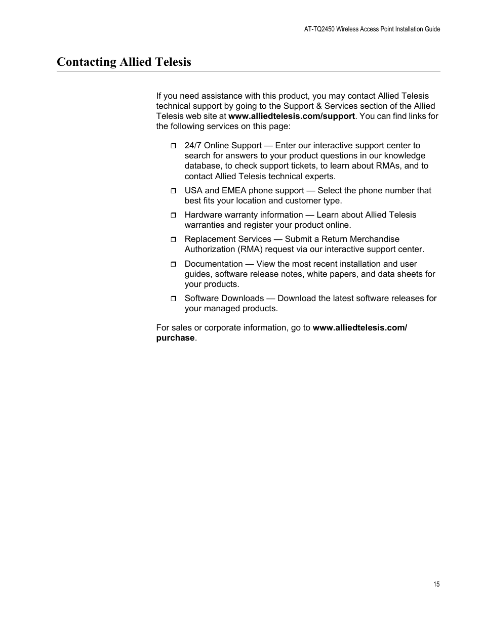 Contacting allied telesis | Allied Telesis AT-TQ2450 User Manual | Page 15 / 70