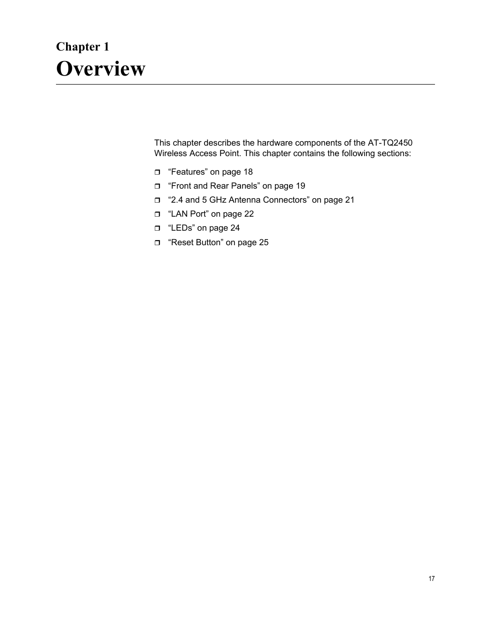 Chapter 1, Overview, Chapter 1: overview | Allied Telesis AT-TQ2450 User Manual | Page 17 / 70