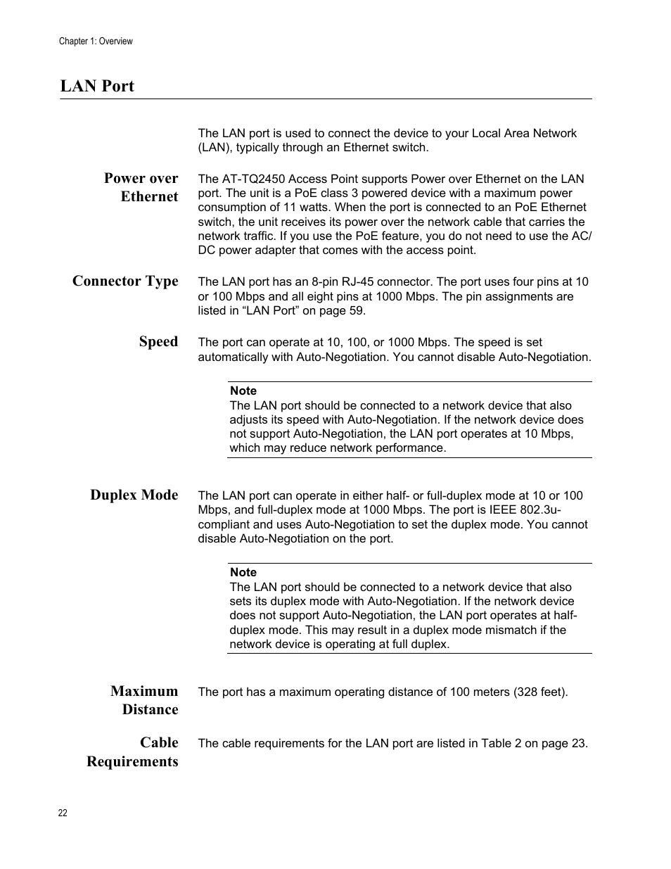 Lan port, Power over ethernet, Connector type | Speed, Duplex mode, Maximum distance, Cable requirements | Allied Telesis AT-TQ2450 User Manual | Page 22 / 70