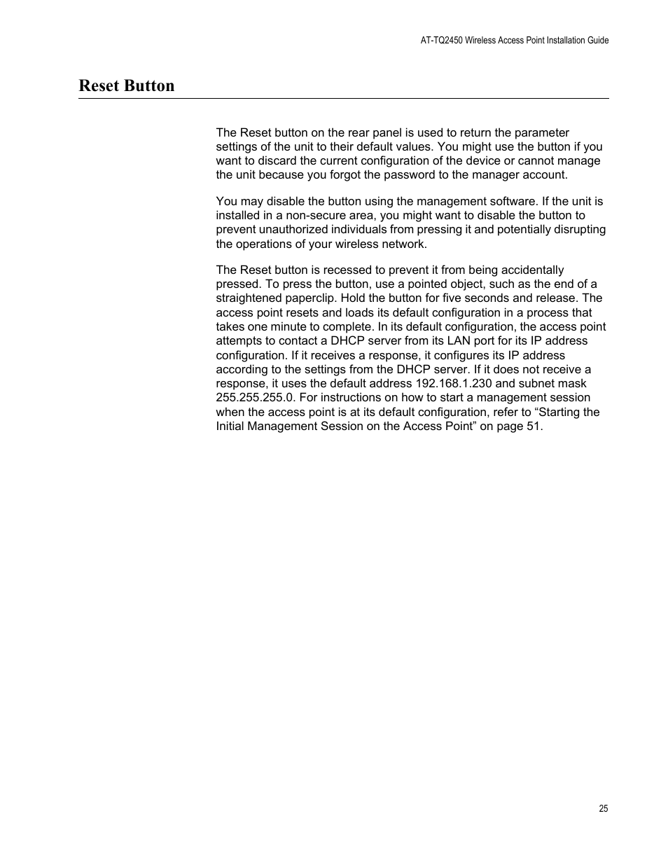 Reset button | Allied Telesis AT-TQ2450 User Manual | Page 25 / 70