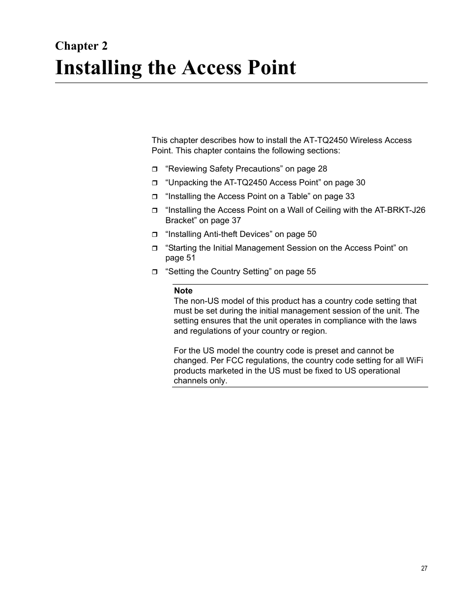 Chapter 2, Installing the access point, Chapter 2: installing the access point | Allied Telesis AT-TQ2450 User Manual | Page 27 / 70