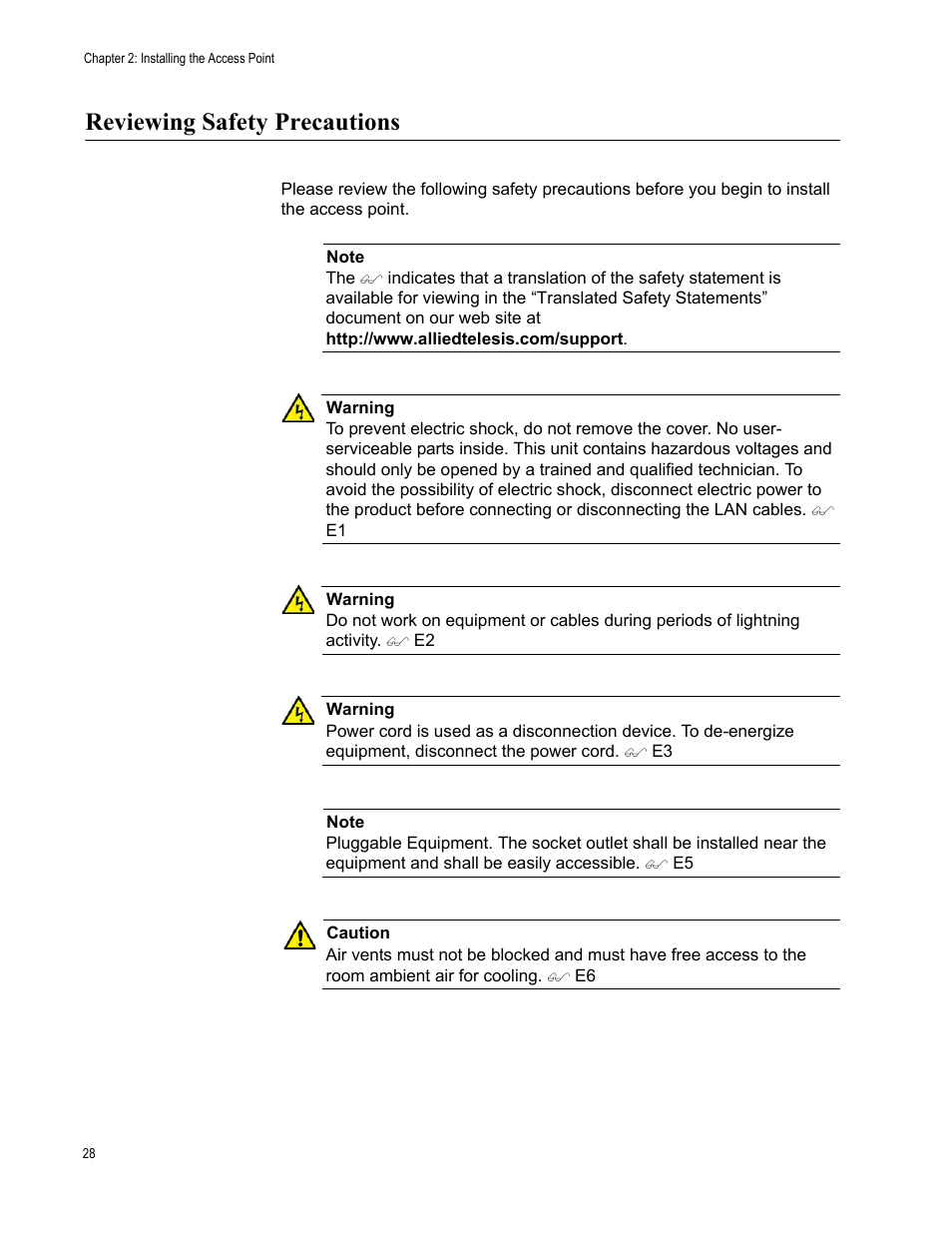 Reviewing safety precautions | Allied Telesis AT-TQ2450 User Manual | Page 28 / 70