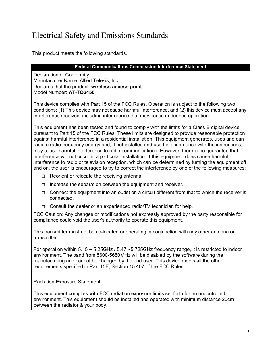Electrical safety and emissions standards | Allied Telesis AT-TQ2450 User Manual | Page 3 / 70
