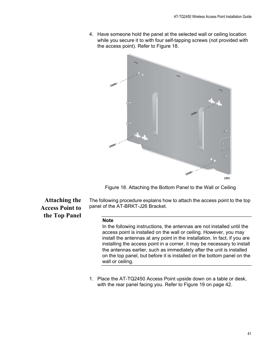 Attaching the access point to the top panel | Allied Telesis AT-TQ2450 User Manual | Page 41 / 70