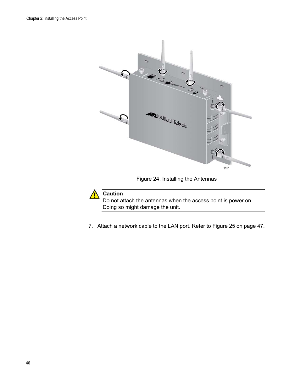 Figure 24: installing the antennas | Allied Telesis AT-TQ2450 User Manual | Page 46 / 70