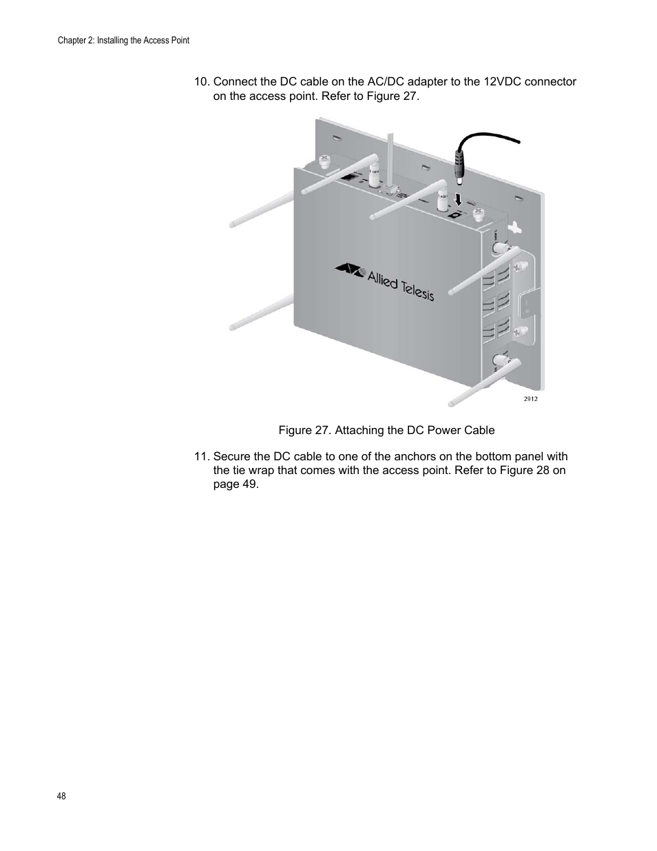 Figure 27: attaching the dc power cable | Allied Telesis AT-TQ2450 User Manual | Page 48 / 70