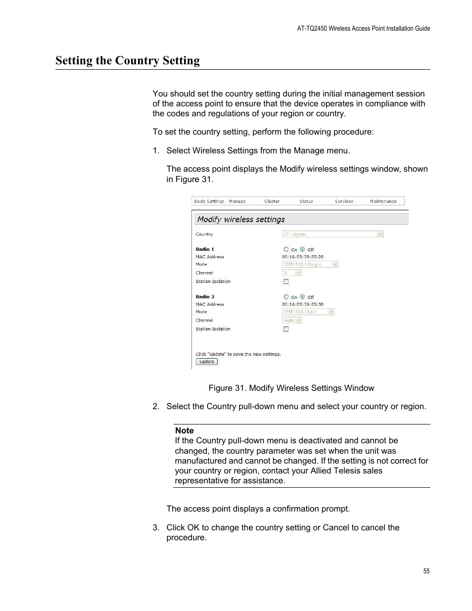 Setting the country setting, Figure 31: modify wireless settings window | Allied Telesis AT-TQ2450 User Manual | Page 55 / 70