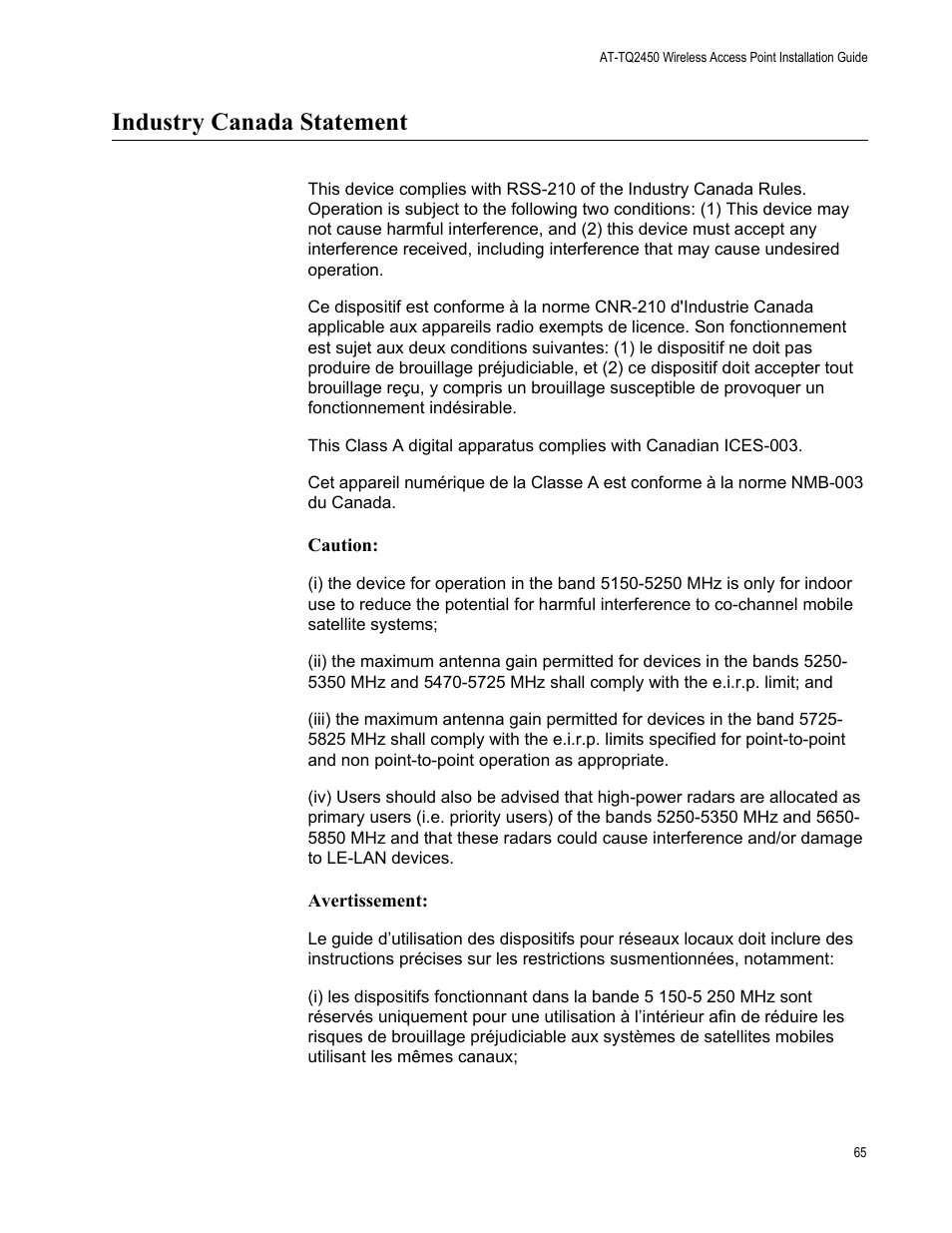 Industry canada statement | Allied Telesis AT-TQ2450 User Manual | Page 65 / 70