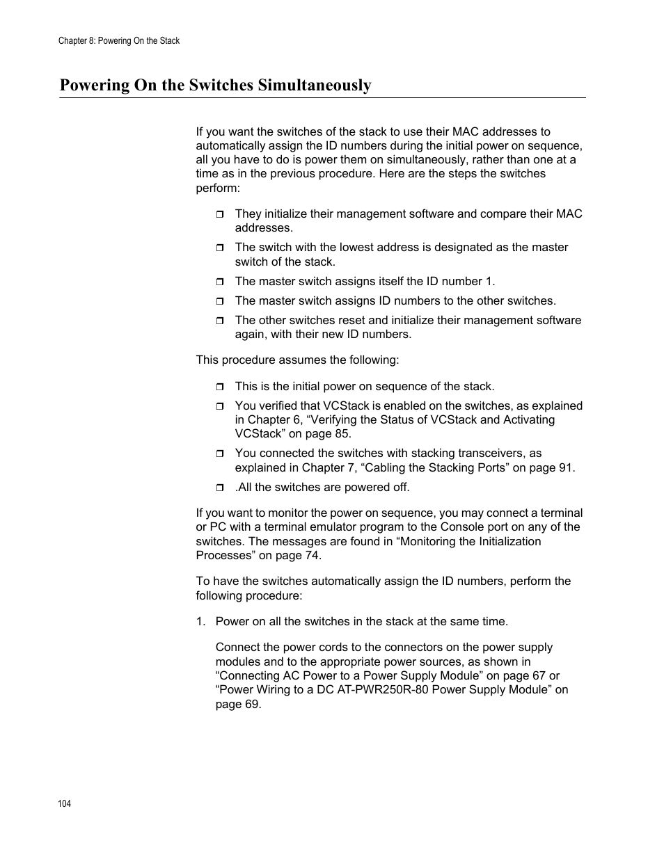 Powering on the switches simultaneously | Allied Telesis AT-x510DP-52GTX User Manual | Page 104 / 129