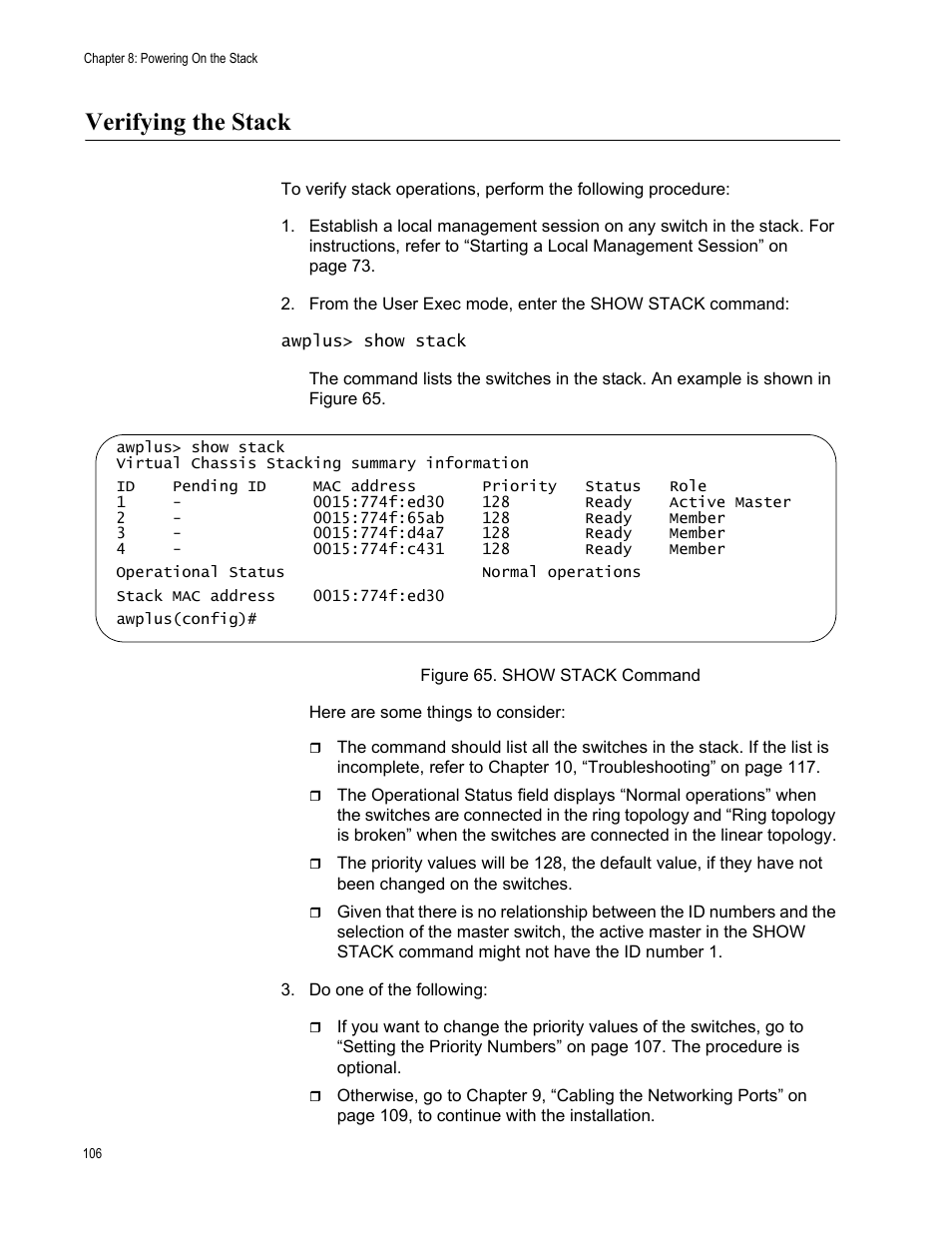 Verifying the stack, Figure 65: show stack command | Allied Telesis AT-x510DP-52GTX User Manual | Page 106 / 129