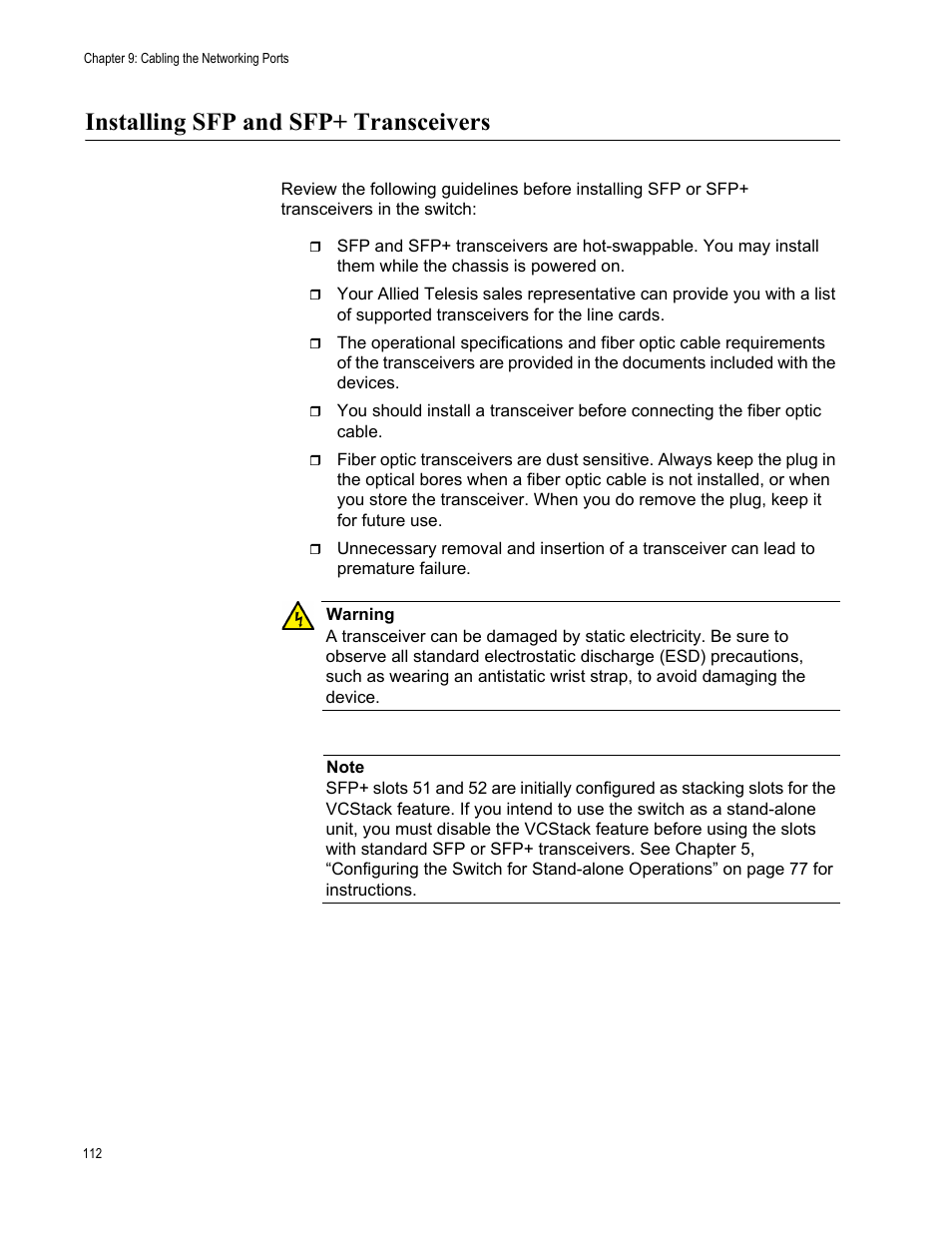 Installing sfp and sfp+ transceivers | Allied Telesis AT-x510DP-52GTX User Manual | Page 112 / 129