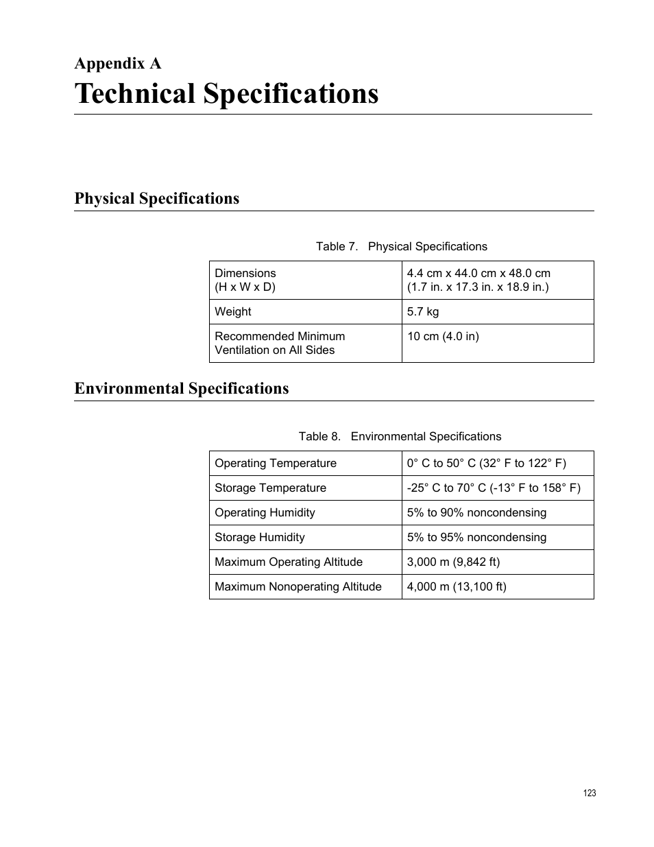 Technical specifications, Physical specifications, Environmental specifications | Appendix a: technical specifications, Appendix a | Allied Telesis AT-x510DP-52GTX User Manual | Page 123 / 129