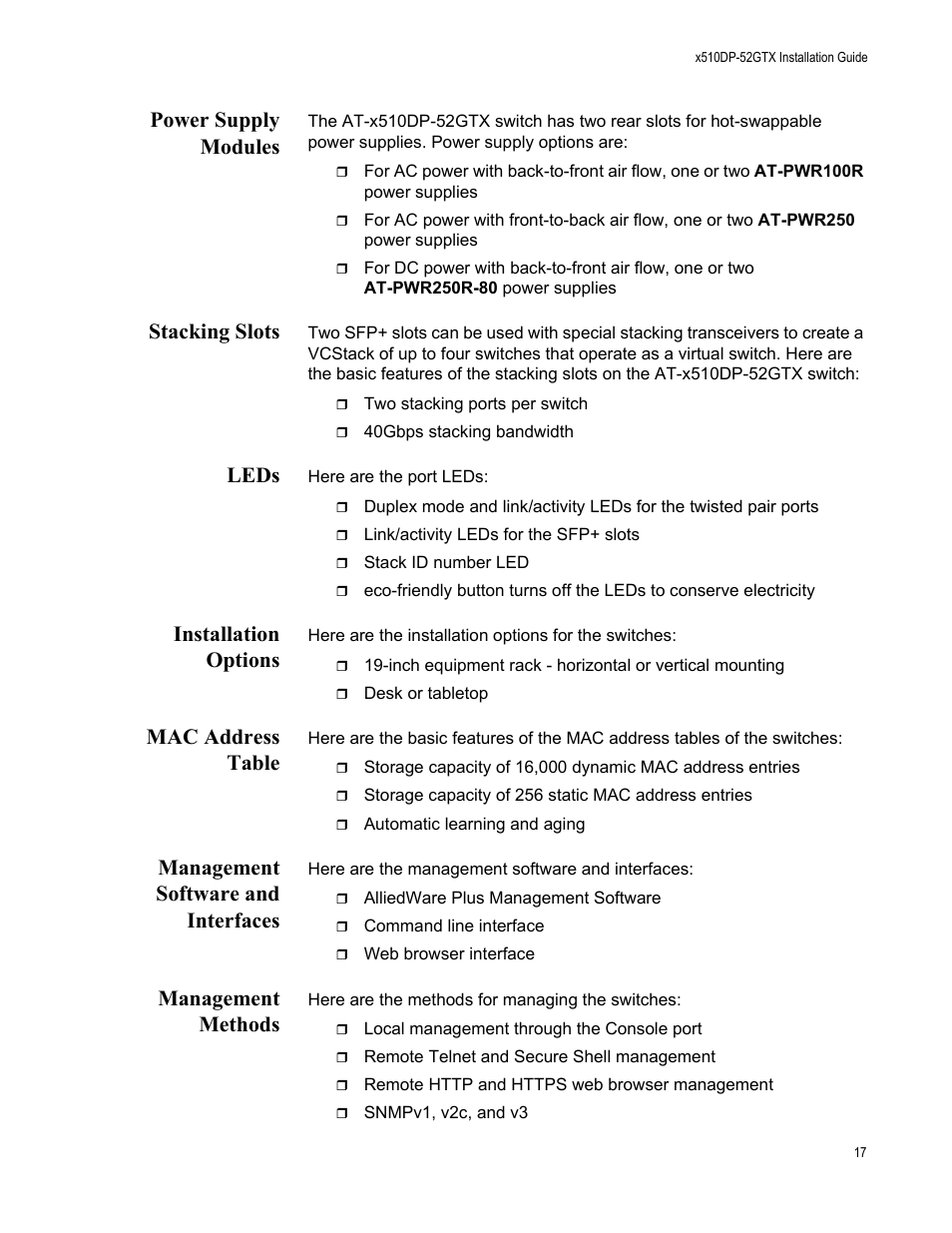 Power supply modules, Stacking slots, Leds | Installation options, Mac address table, Management software and interfaces, Management methods | Allied Telesis AT-x510DP-52GTX User Manual | Page 17 / 129