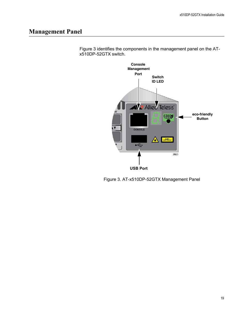 Management panel, Figure 3: at-x510dp-52gtx management panel | Allied Telesis AT-x510DP-52GTX User Manual | Page 19 / 129