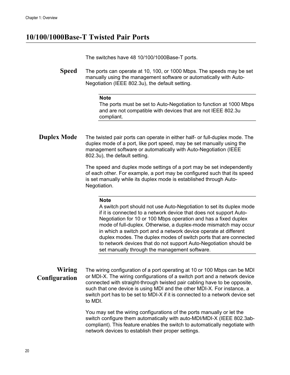 10/100/1000base-t twisted pair ports, Speed, Duplex mode | Wiring configuration, Speed duplex mode wiring configuration | Allied Telesis AT-x510DP-52GTX User Manual | Page 20 / 129