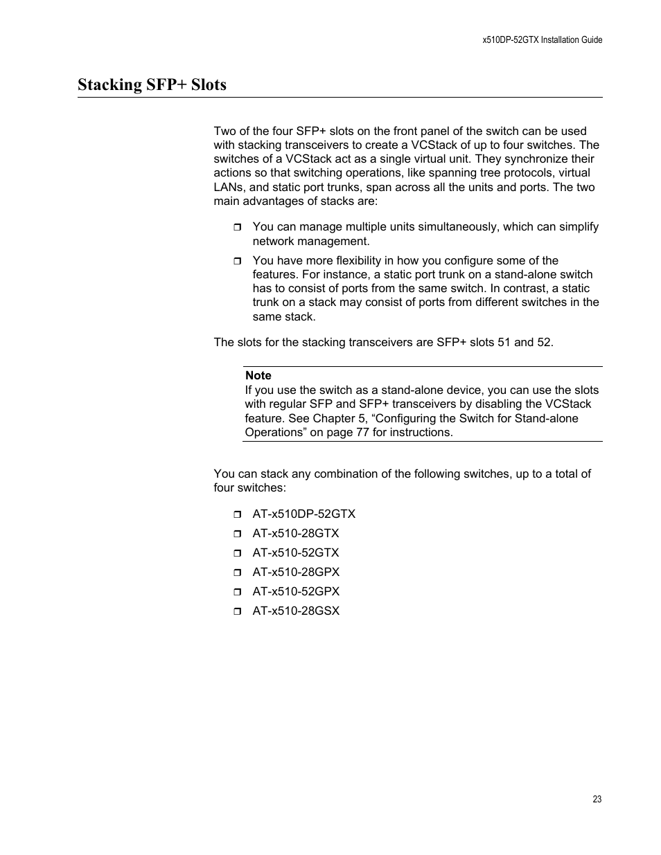 Stacking sfp+ slots | Allied Telesis AT-x510DP-52GTX User Manual | Page 23 / 129