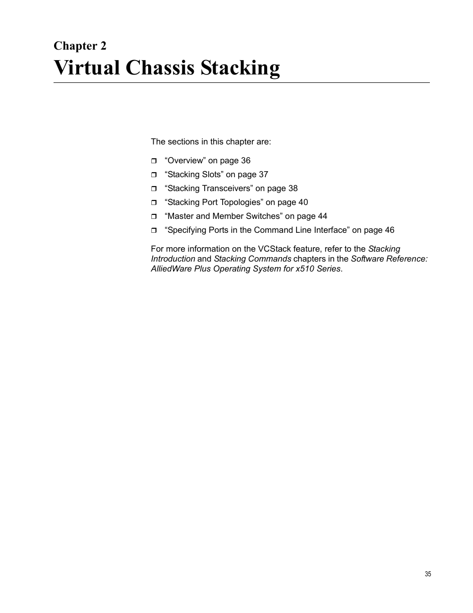 Virtual chassis stacking, Chapter 2 | Allied Telesis AT-x510DP-52GTX User Manual | Page 35 / 129