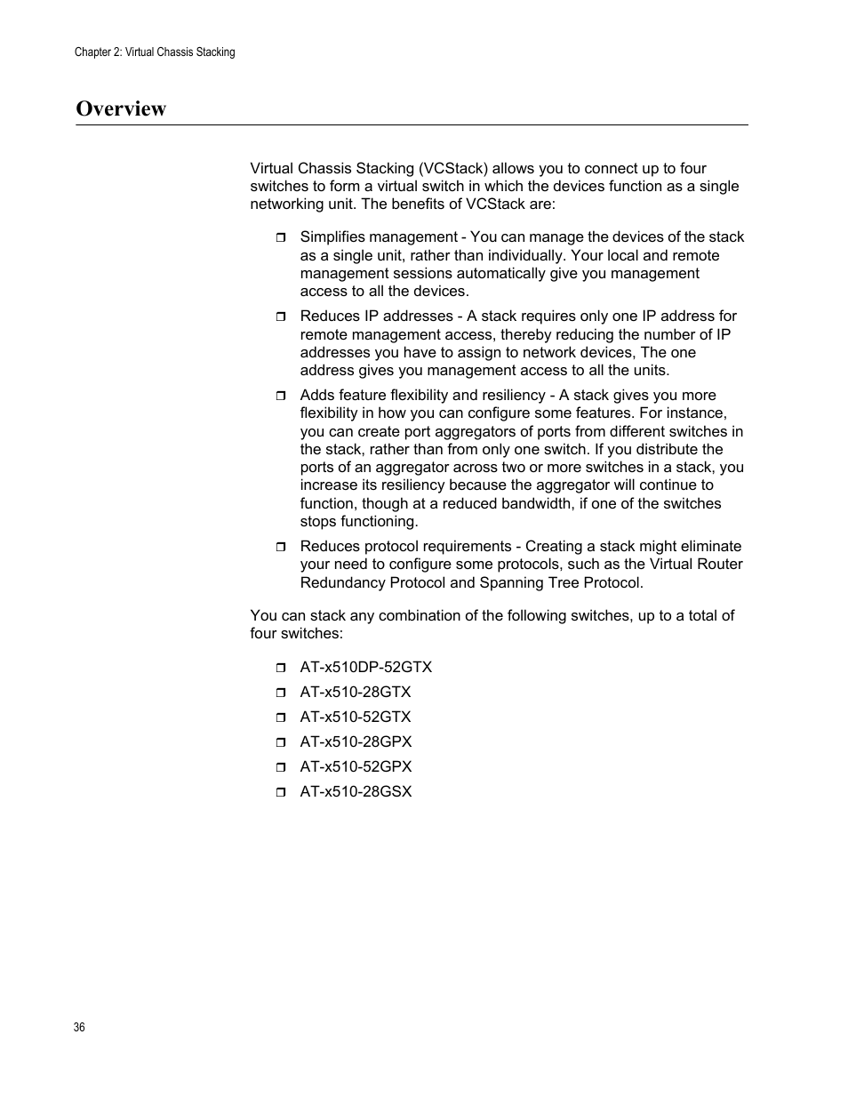 Overview | Allied Telesis AT-x510DP-52GTX User Manual | Page 36 / 129