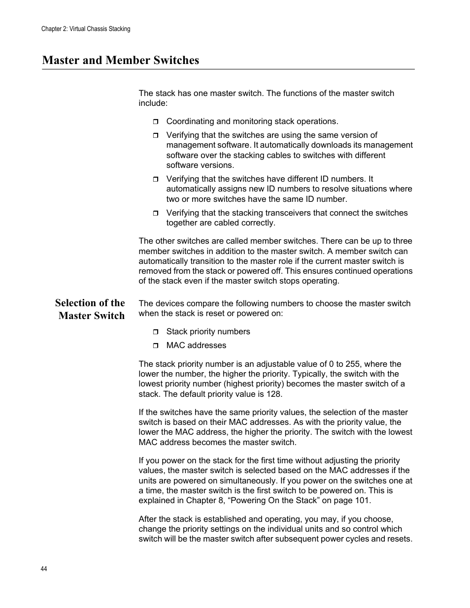 Master and member switches, Selection of the master switch | Allied Telesis AT-x510DP-52GTX User Manual | Page 44 / 129