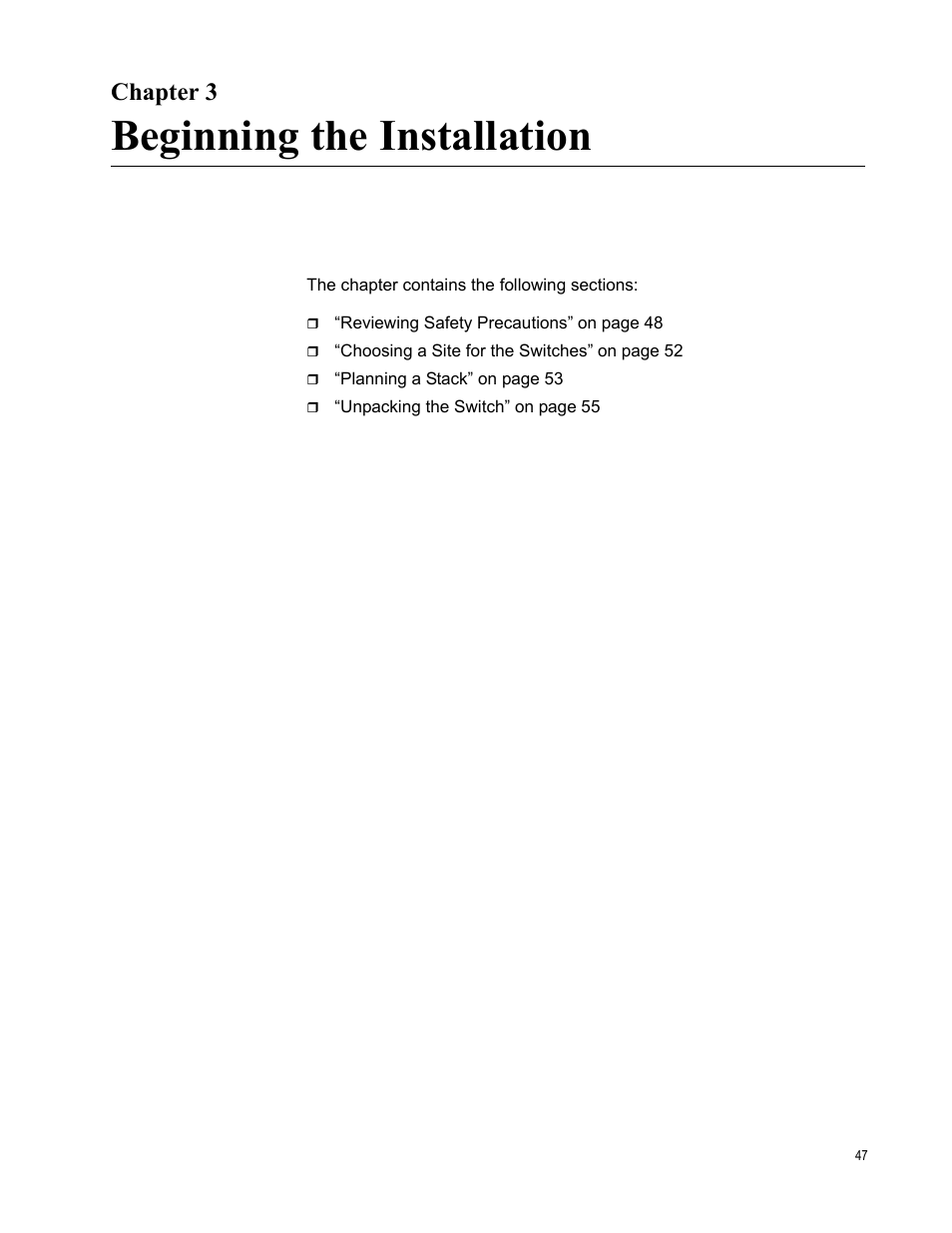 Beginning the installation, Chapter 3 | Allied Telesis AT-x510DP-52GTX User Manual | Page 47 / 129