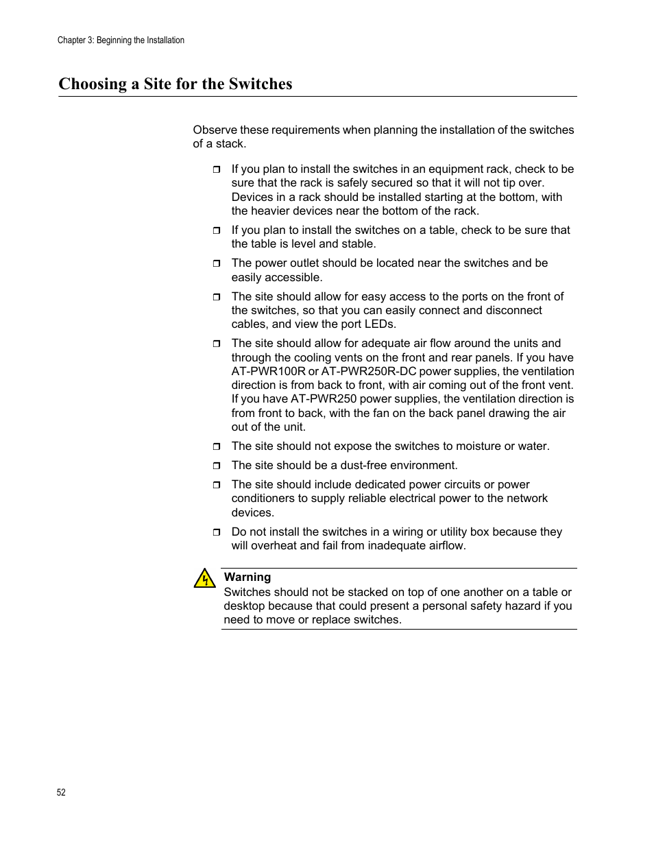 Choosing a site for the switches | Allied Telesis AT-x510DP-52GTX User Manual | Page 52 / 129