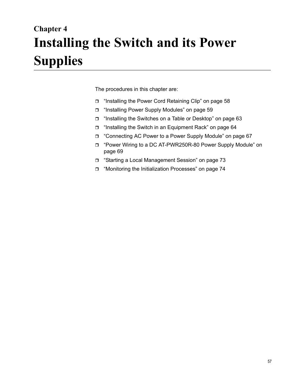 Installing the switch and its power supplies, Chapter 4 | Allied Telesis AT-x510DP-52GTX User Manual | Page 57 / 129