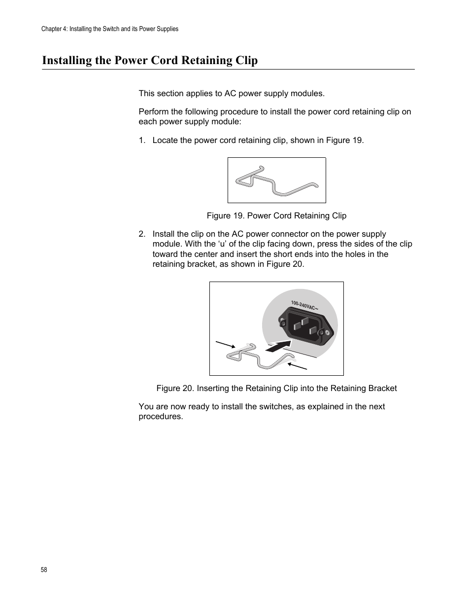 Installing the power cord retaining clip | Allied Telesis AT-x510DP-52GTX User Manual | Page 58 / 129