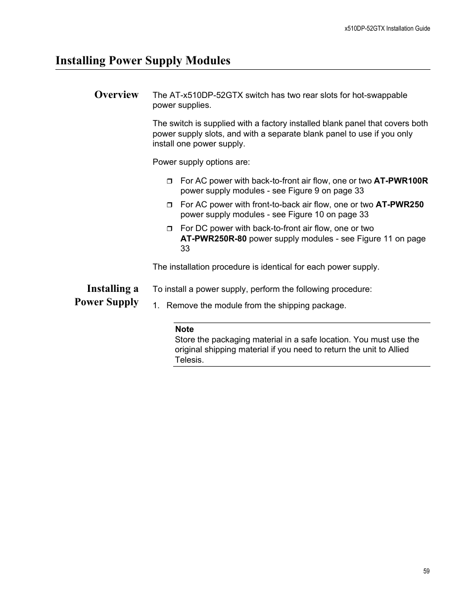 Installing power supply modules, Overview, Installing a power supply | Overview installing a power supply | Allied Telesis AT-x510DP-52GTX User Manual | Page 59 / 129